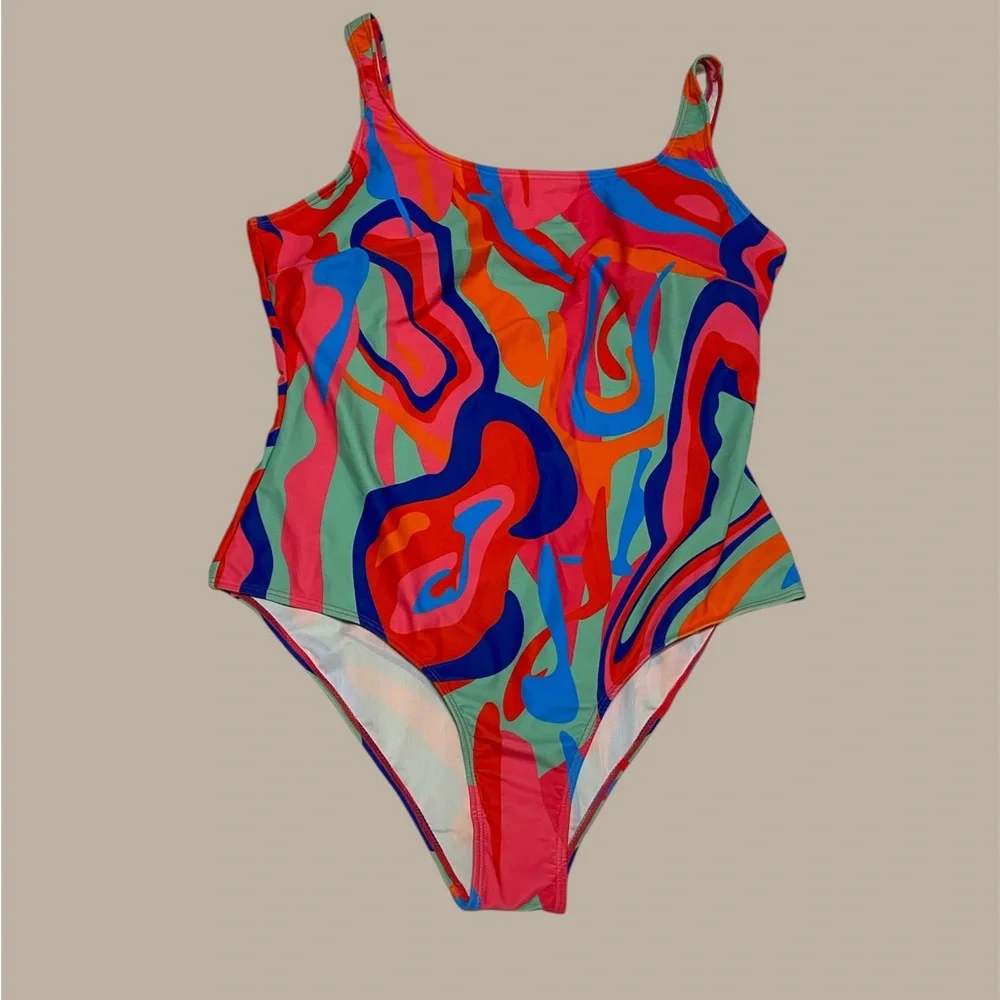 Vibrant Pink/Green One Piece Swimsuit with Wrap SZ XXL/16 - Picture 4 of 12